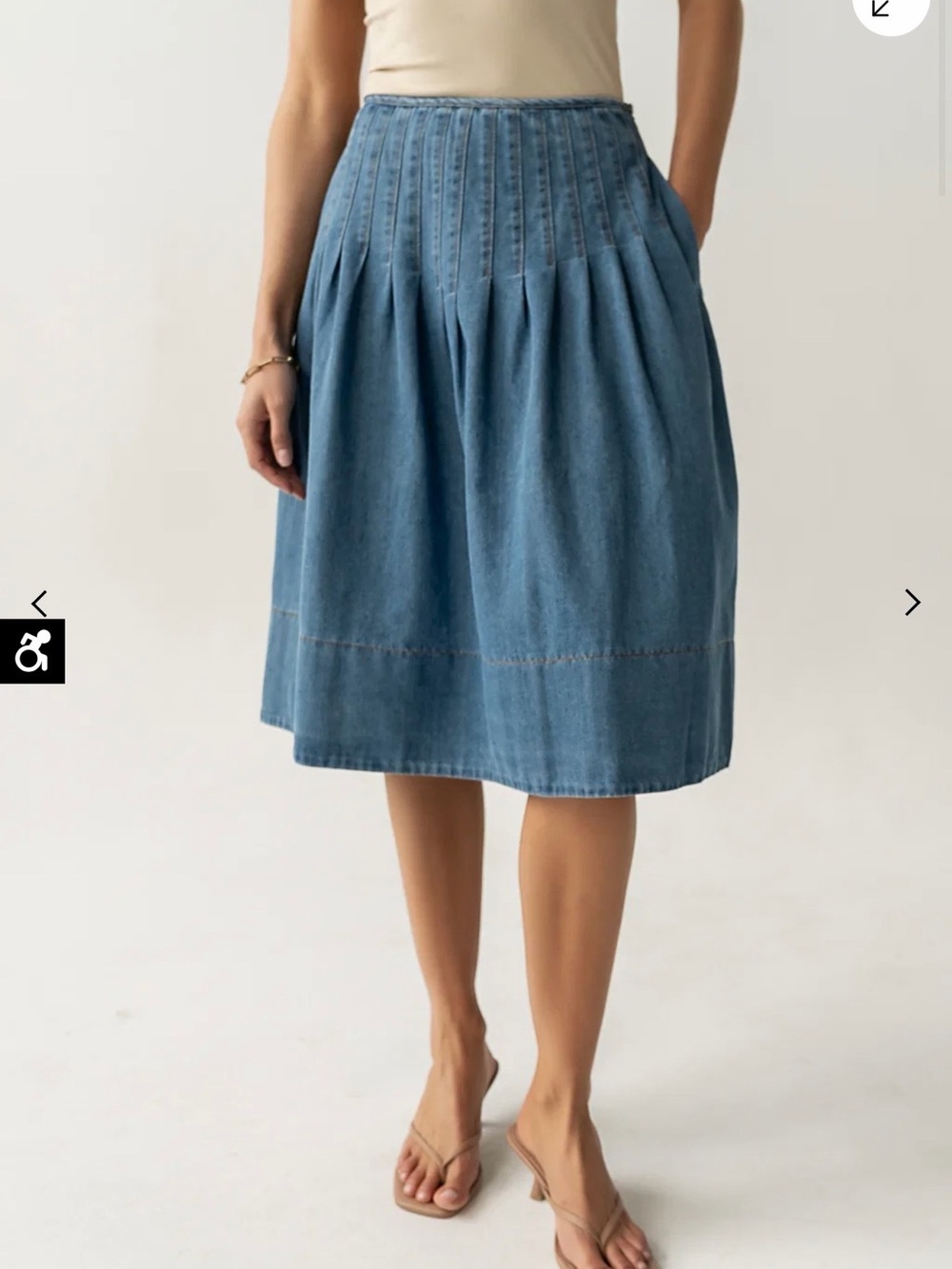 Blue Denim Pleated Midi Skirt